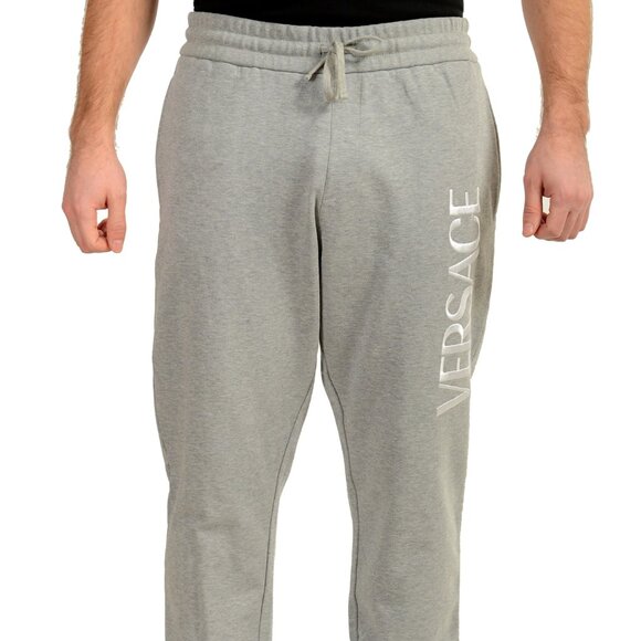 Versace Men's Gray White Logo Embroidered Sweat Track Pants US 4XL IT 60 - Picture 1 of 6
